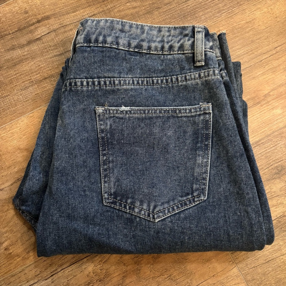 Pink Lily Womens 31 Wide Leg Jeans Middle Seam Raw Hem High Waist Timeless Blue